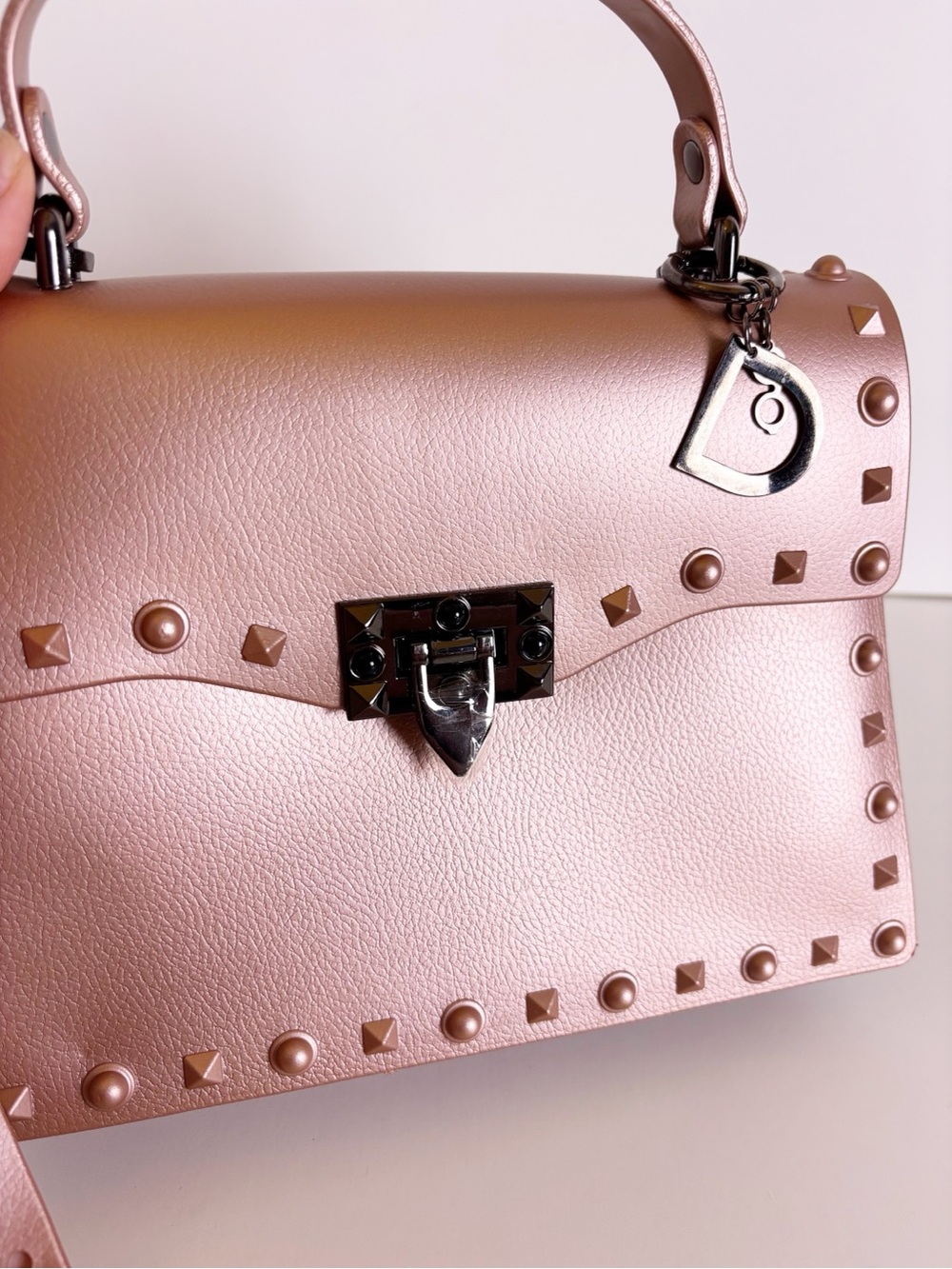 Studded Metallic Rose Rivet Crossbody Top Handel Faux Leather Unlined Handbag - Picture 6 of 9